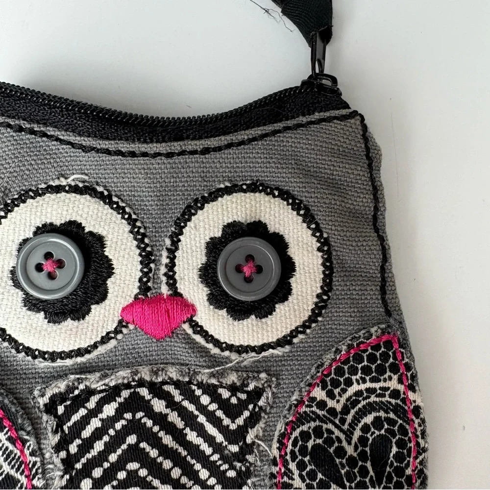 Thirty One Gifts gray, black, white and pink patchwork owl coin purse